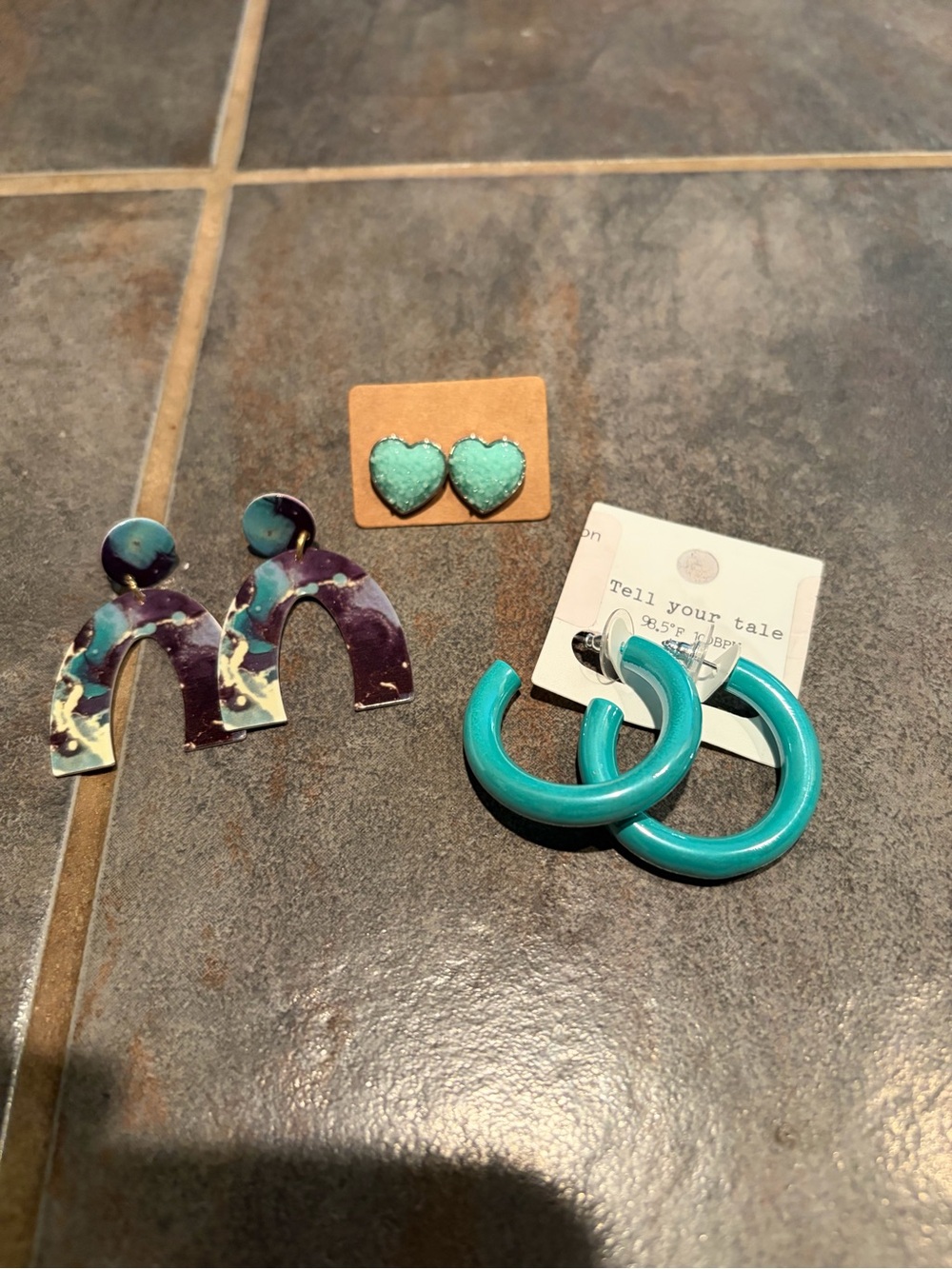 3 pair Turquoise Earrings bundle  - NWT Resin Hoops, boho blend & eparkle hearts